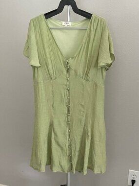 Umgee Sage Green Mini Dress with Front Button Detail and Tie Back